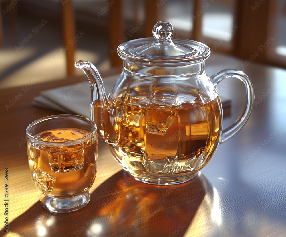 Refreshing Tea Ceremony: A close-up shot of a glass teapot and teacup filled with iced tea, capturing the subtle details of a calming ritual. Refreshing Tea Ceremony: A close-up shot of a glass teapot and teacup filled with iced tea, capturing the subtle details of a calming ritual.