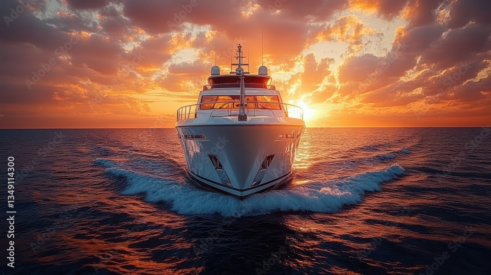 Fototapeta premium Luxurious yacht cruising at sunset, vibrant colors reflecting on water
