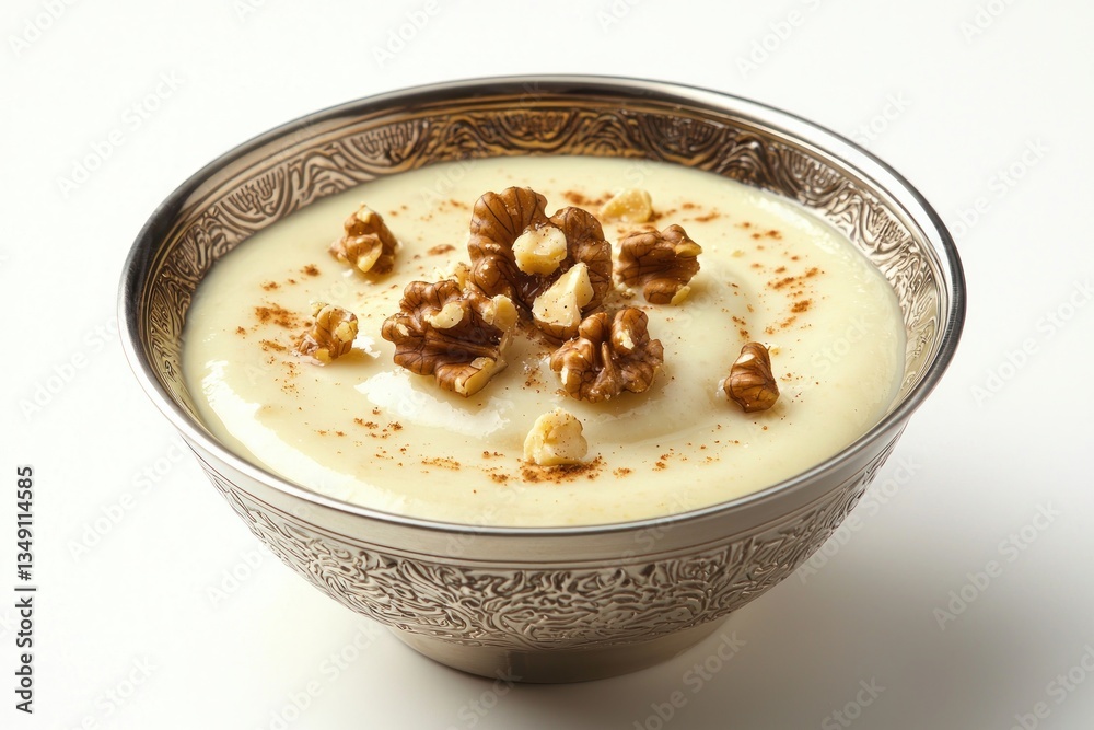 Delicious Turkish Dessert Bowl Featuring Creamy Tavuk Göğsü and Crunchy Walnuts in Elegant Setting Delicious Turkish Dessert Bowl Featuring Creamy Tavuk Göğsü and Crunchy Walnuts in Elegant Setting