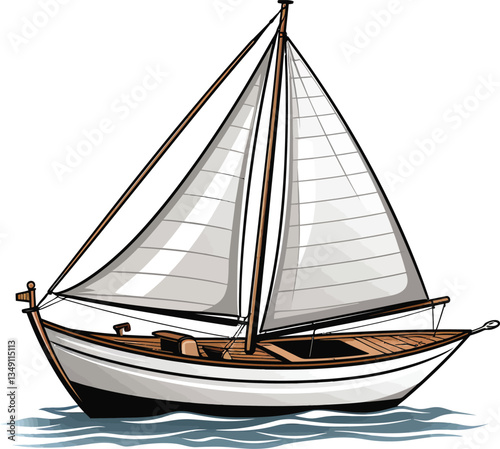 Classic Wooden Sailboat on Calm Waters – Nautical Illustration
