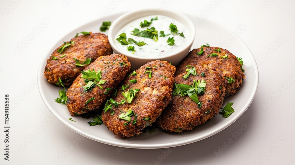 Delicious vegan patties garnished with fresh herbs served with creamy dipping sauce on white plate