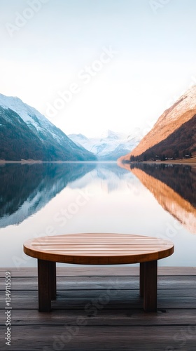 A podium sitting at the edge of a mirror-like lake, reflecting the beauty of a stunning mountain range