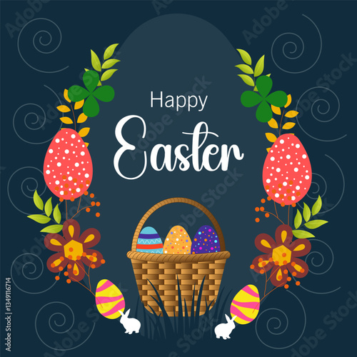 Stunning Easter celebration design with a dark background, floral wreath, and an egg-filled basket, great for holiday marketing, social media posts, and festive greeting templates.
