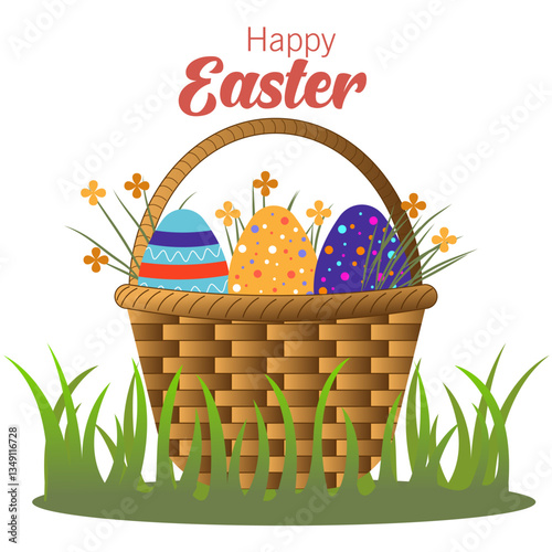 Beautiful Easter-themed digital artwork showcasing a traditional wicker basket with vibrant Easter eggs and spring blossoms, ideal for seasonal decorations, invitations, and social media.