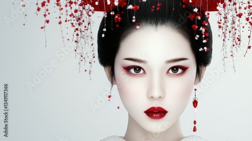 Elegant Geisha Portrait: Red and White Beauty