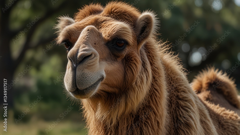 Fototapeta premium Close-up of a camel's face and upper body. Soft light highlights its features