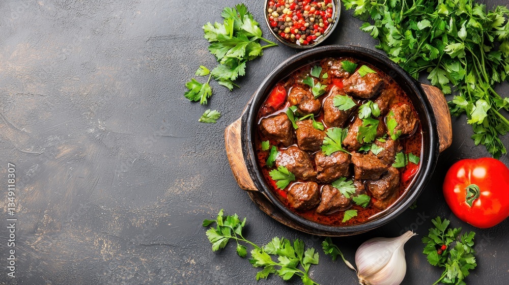 Delicious beef stew in a rustic pot with fresh herbs and vegetables against a dark textured background perfect for culinary and food photography Delicious beef stew in a rustic pot with fresh herbs and vegetables against a dark textured background perfect for culinary and food photography