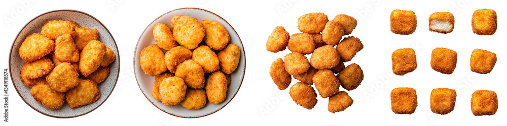 A tempting array of golden breaded and deep fried chicken nuggets arranged on several plates making for a delicious savory snack or appetizer A tempting array of golden breaded and deep fried chicken nuggets arranged on several plates making for a delicious savory snack or appetizer