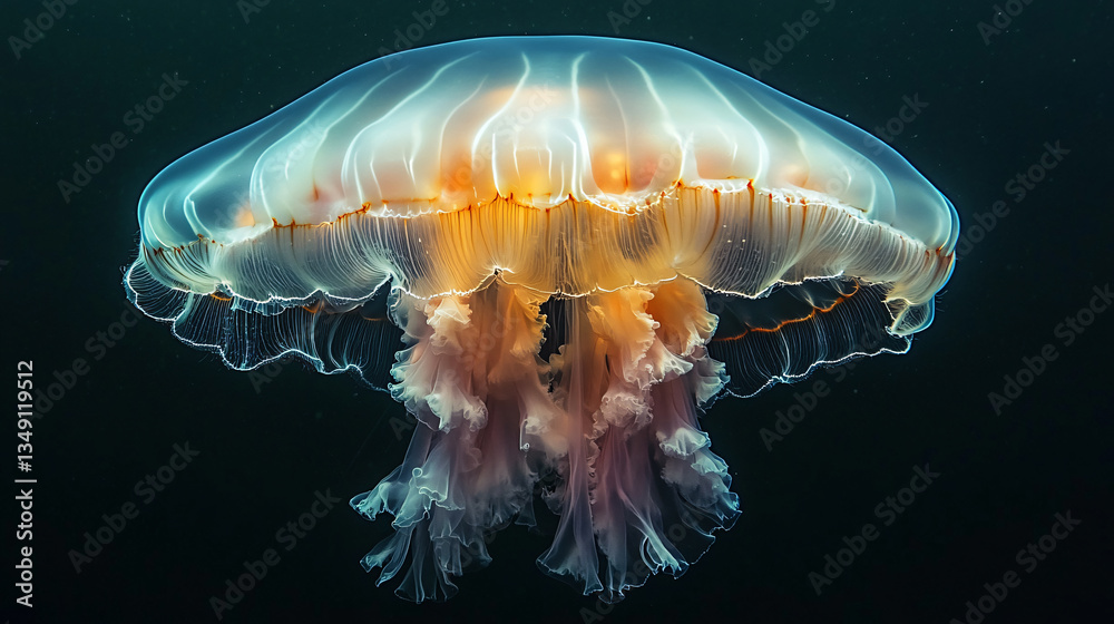Enormous jellyfish floating deep ocean translucent glowing body delicate tentacles marine biodiversity mesmerizing underwater wildlife ethereal aquatic movement stunning sea creature wallpaper Enormous jellyfish floating deep ocean translucent glowing body delicate tentacles marine biodiversity mesmerizing underwater wildlife ethereal aquatic movement stunning sea creature wallpaper