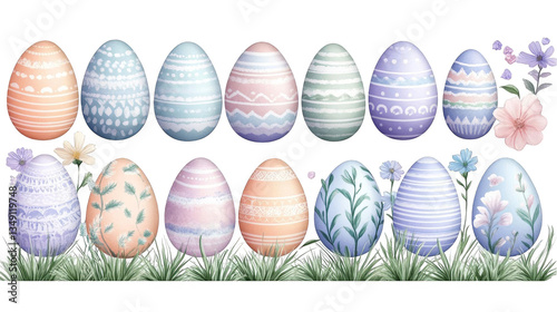 Easter Egg Decorations On Transparent Background Colorful Pastel Eggs With Floral Patterns And Grass Illustration Adobe Stock Photo