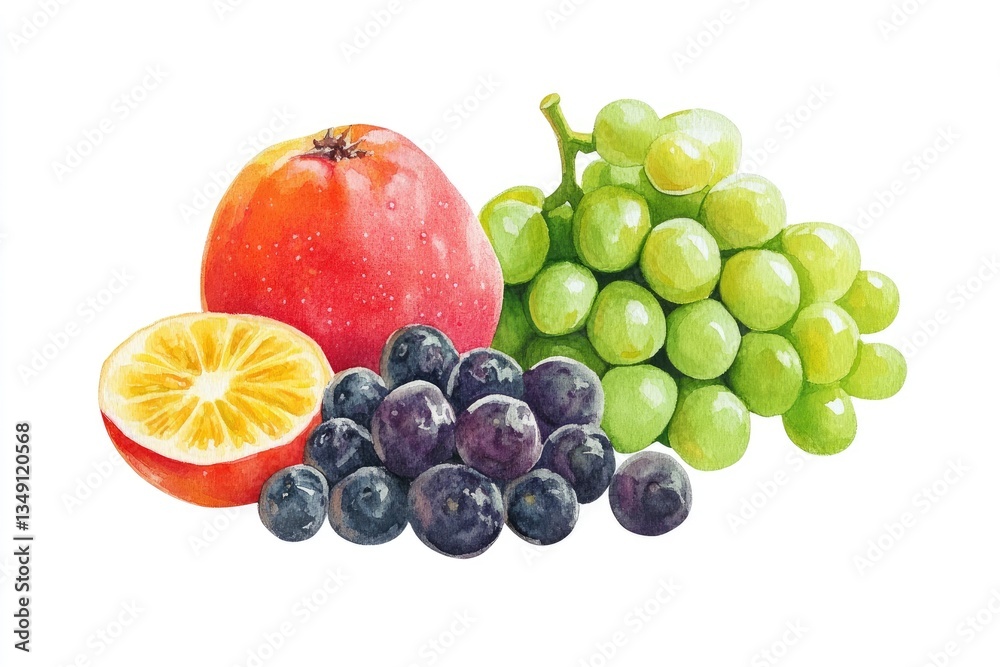 Watercolor Still Life Painting of Fresh Fruit with Apple and Grapes Watercolor Still Life Painting of Fresh Fruit with Apple and Grapes