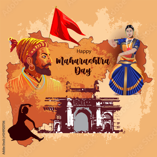Happy Maharashtra Day Vector – Shivaji Maharaj, Traditional Dance, Iconic Architecture & State Map – Ideal for Social Media, Greeting Cards, Posters, and Festive Celebration Designs