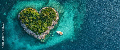 Heart-Shaped Island, Turquoise Waters, Aerial View, Small Yacht