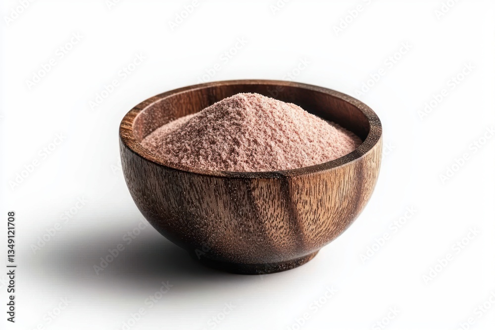 Pink Himalayan salt displayed in rustic wooden bowl against a bright clean white backdrop food ingredient