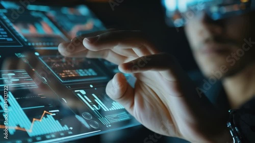 Businessman wearing futuristic augmented reality glasses engages with a holographic computer interface, analyzing graphs and data in a dark, high tech environment at night