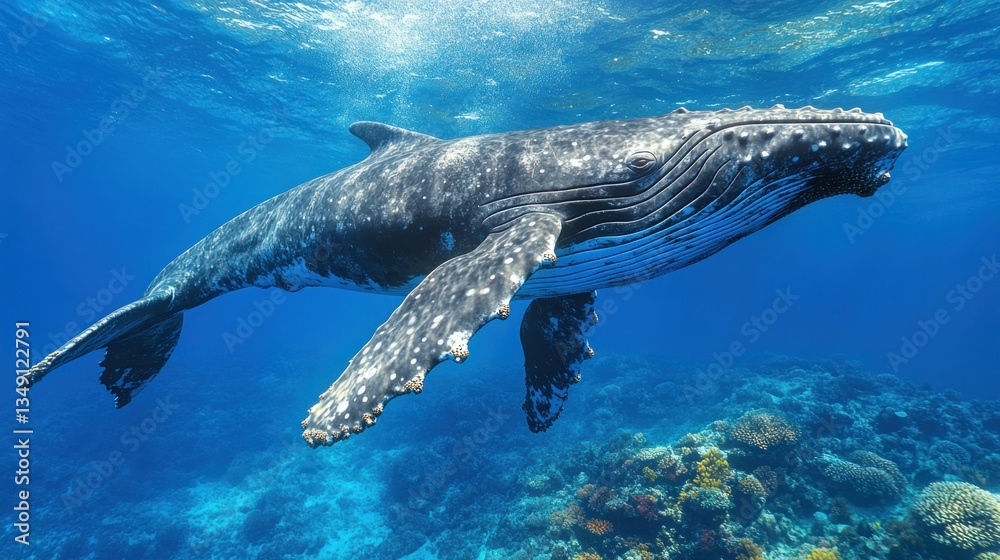 Fototapeta premium Majestic humpback whale gracefully swims above vibrant coral reef in clear ocean water