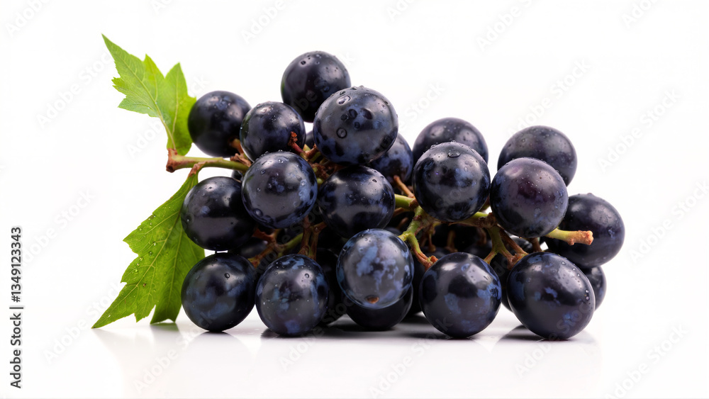 Fresh and Juicy violet Grapes with Green Leaves on a White Background