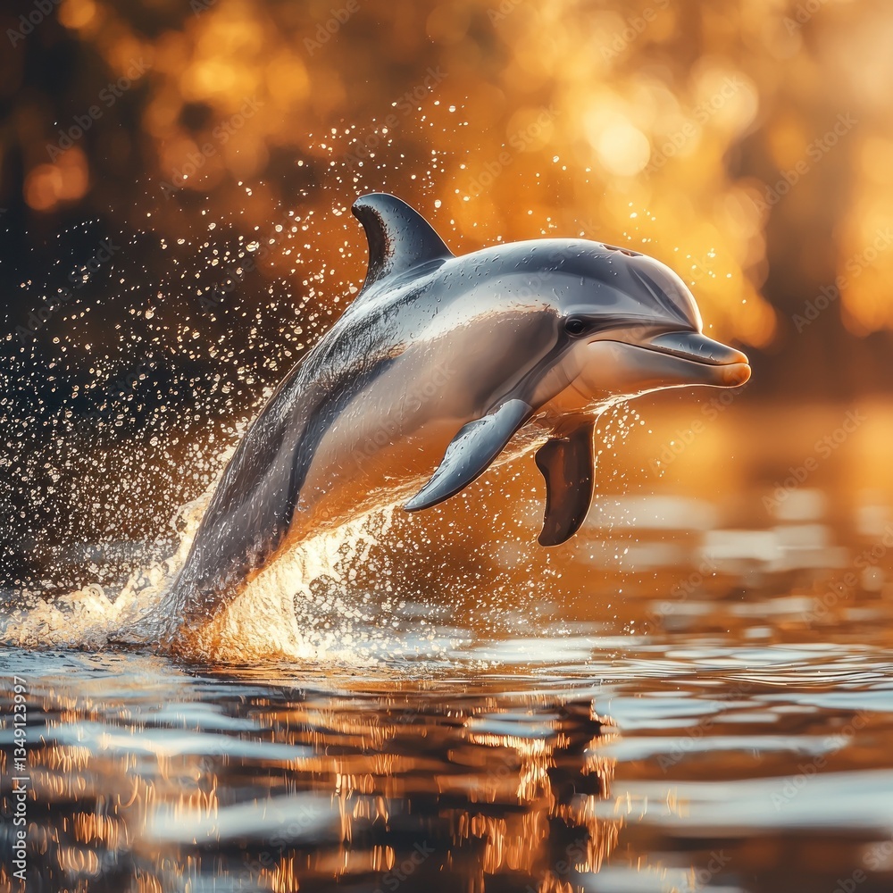 Obraz premium Dolphin leaping from golden water at sunset. (1)