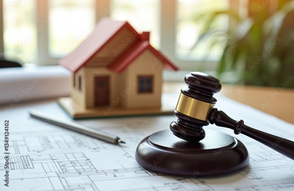 Judge gavel on construction blueprint, model house background. Real estate law concept. Auction, building, selling, legal work, lawyer office. Property plan, house construction, architecture. Judge gavel on construction blueprint, model house background. Real estate law concept. Auction, building, selling, legal work, lawyer office. Property plan, house construction, architecture.