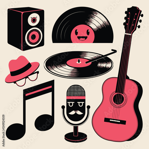 2d vector illustration icon cool entertainment cartoon character  music tools (Drum , Music Note , Headphones ,Microphone , Piano , Guitar ,Record) 
