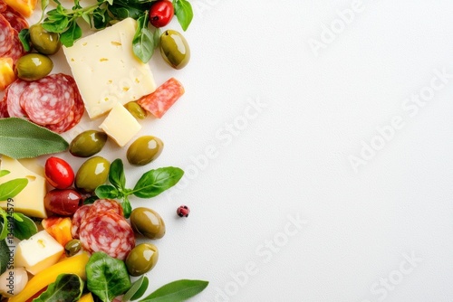 Delicious gourmet composition of salami cheese and olives on a white surface perfect for gastronomy blogs and websites
