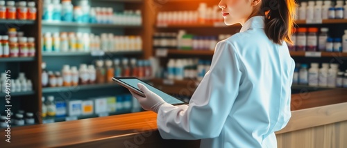 Pharmacist Consulting Customer at Pharmacy Counter, A professional woman pharmacist in a white lab coat consults with a customer at the pharmacy counter. She utilizes a tablet device.