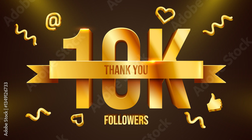10k or 10000 followers thank you. Golden numbers with ribbon. Social Network friends, followers, Web users. Subscribers, followers or likes celebration.