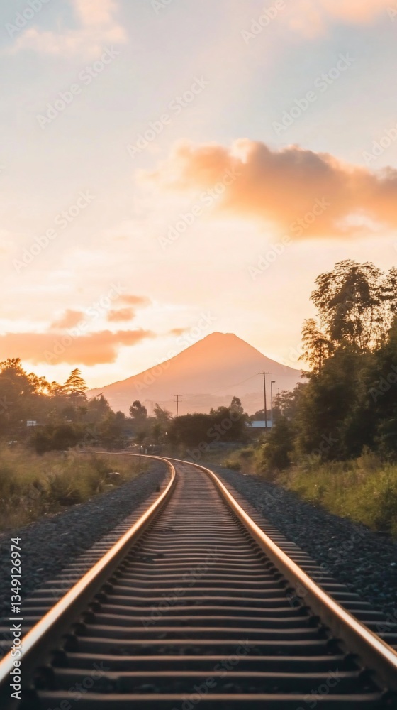Obraz premium Sunset Train Tracks Leading to Volcano