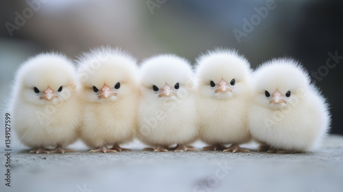 Adorable fluffy chicks standing in a row