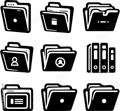 collection of nine black folder icons with various symbols vector illustration 
