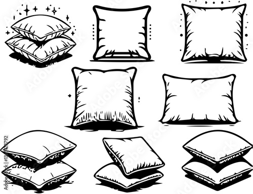 collection of nine black and white pillow vector illustrations