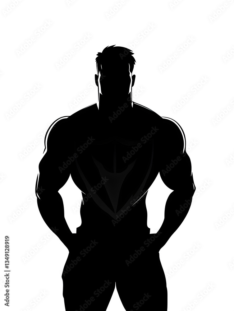 Silhouette Superhero: Muscular Fantasy Character in Dynamic Pose - Black and White Abstract Figure with Powerful, Heroic Design Silhouette Superhero: Muscular Fantasy Character in Dynamic Pose - Black and White Abstract Figure with Powerful, Heroic Design