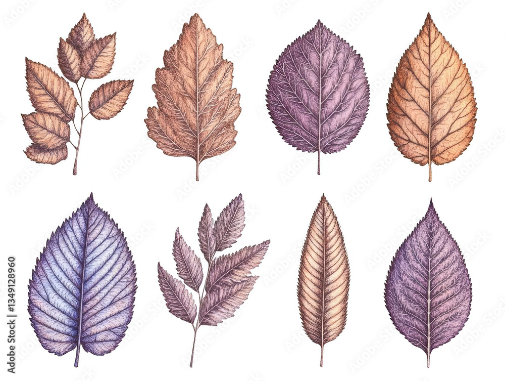 Obraz premium Detailed Vector Illustration Of Various Autumn Leaves In Brown And Gold Color, Isolated On Transparent Background, Botanical Illustration, Vector Ornament, Floral Design