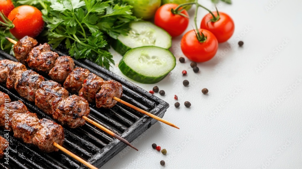 Grilled kebab skewers adorned with juicy tomatoes cucumber and fresh parsley on white table top gourmet concept Grilled kebab skewers adorned with juicy tomatoes cucumber and fresh parsley on white table top gourmet concept