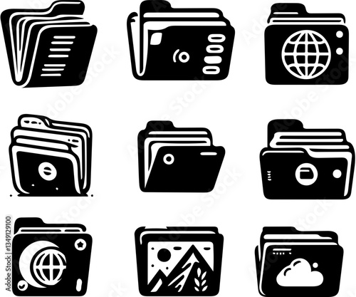 collection of nine black folder icons with various symbols vector