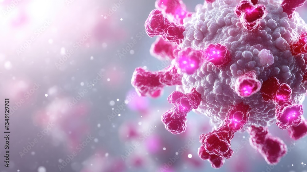 Close-up view of a virus, showing intricate structures. Virus particle with pink and white features Close-up view of a virus, showing intricate structures. Virus particle with pink and white features