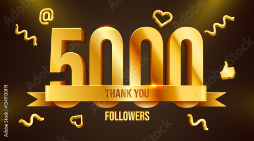 5k or 5000 followers thank you. Golden numbers with ribbon. Social Network friends, followers, Web users. Subscribers, followers or likes celebration.