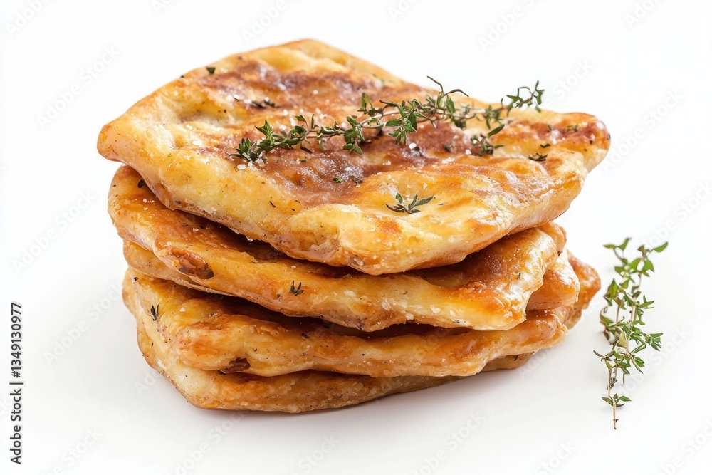Stack of golden focaccia bread on white modern table top food photography fresh baked concept Stack of golden focaccia bread on white modern table top food photography fresh baked concept