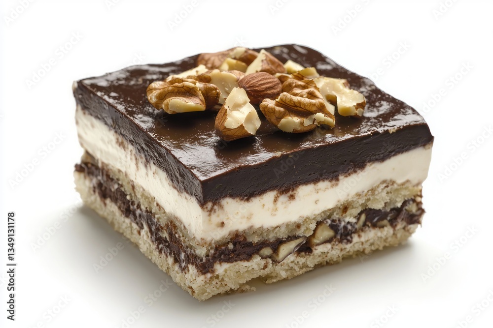 Delicious chocolate cake layered with cream topped with walnuts and almonds on white surface background Delicious chocolate cake layered with cream topped with walnuts and almonds on white surface background
