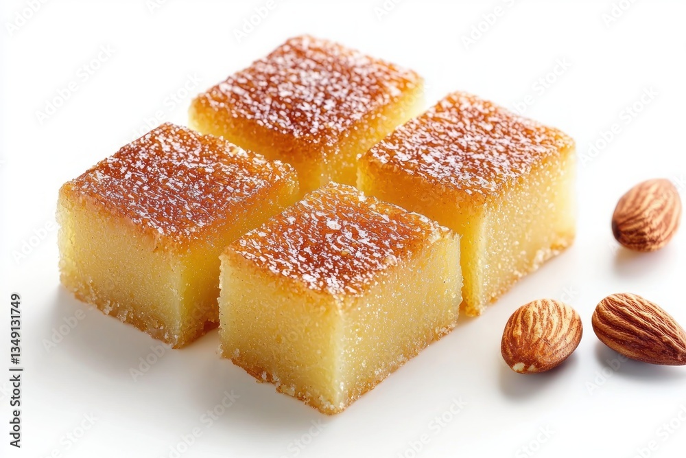 Delicious semolina basbousa dessert cakes with almonds on white clean background in a studio setting Delicious semolina basbousa dessert cakes with almonds on white clean background in a studio setting