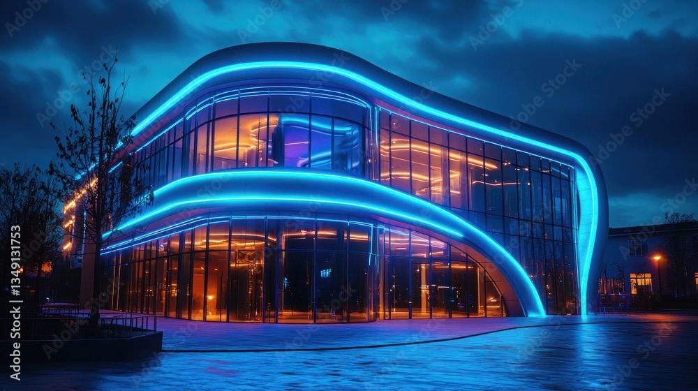 Obraz premium Modern building with neon lights at night.