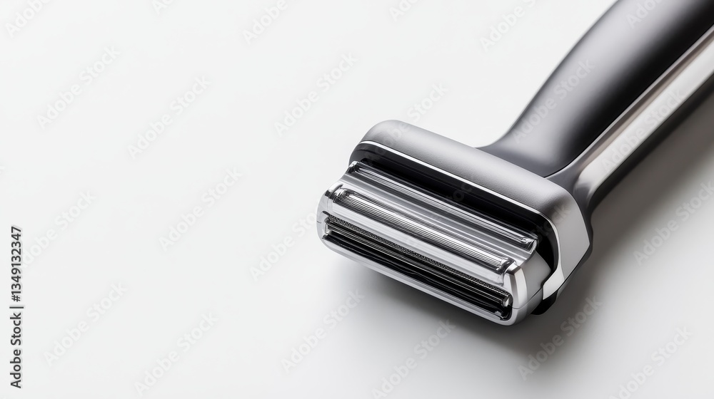 Close-up of a sleek, modern razor on a minimalist white surface, ideal for grooming product advertisements Close-up of a sleek, modern razor on a minimalist white surface, ideal for grooming product advertisements