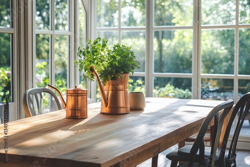 a garden with a wooden table  Generative AI 