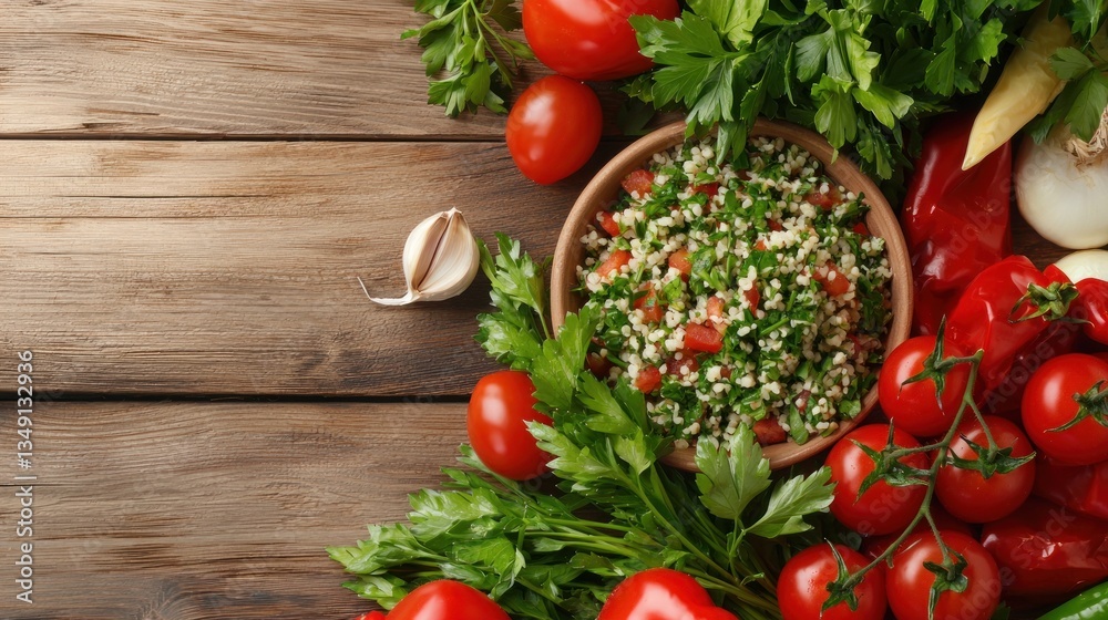Top down of tabbouleh salad with parsley tomato and pepper on weathered brown wooden table natural light Top down of tabbouleh salad with parsley tomato and pepper on weathered brown wooden table natural light