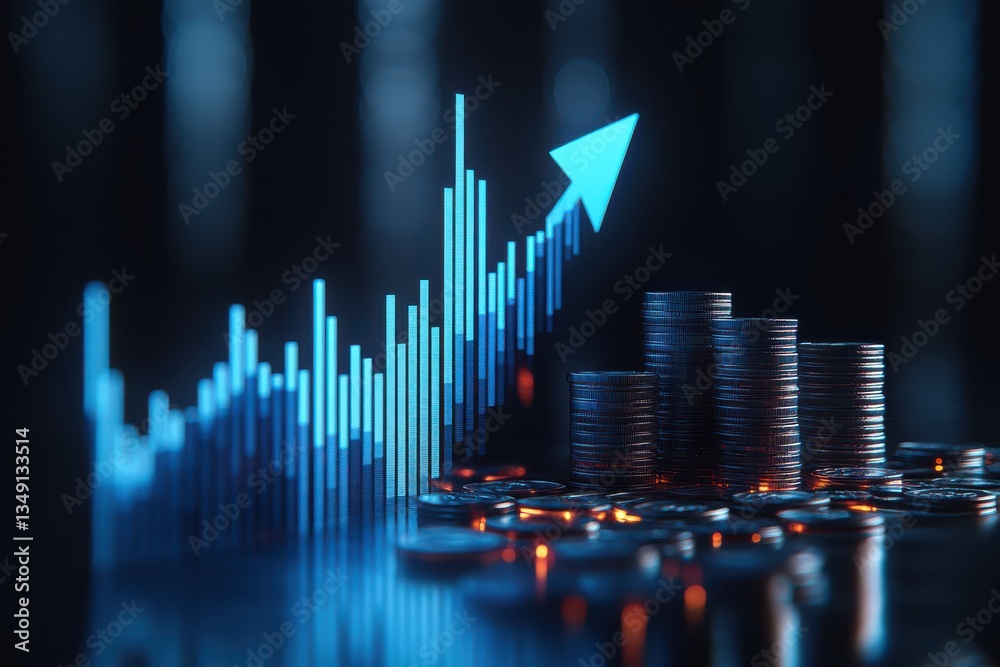 Blue Growth Arrow and Stacks of Coins..