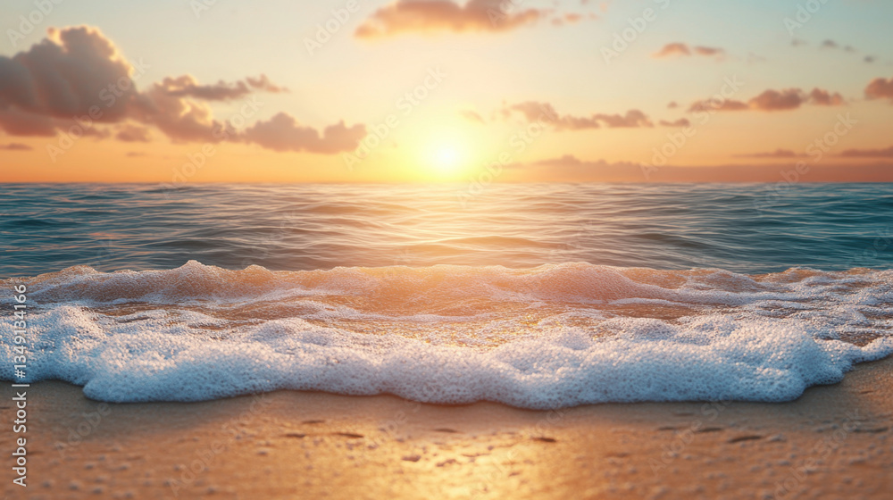 Fototapeta premium Sunset Beach Scene, Ocean Waves and Golden Sands
