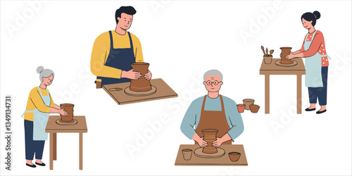 Family Learning Pottery Making, Multi generational family participating in a pottery workshop, shaping clay and creating crafts, very simple design, white background, vector illustration