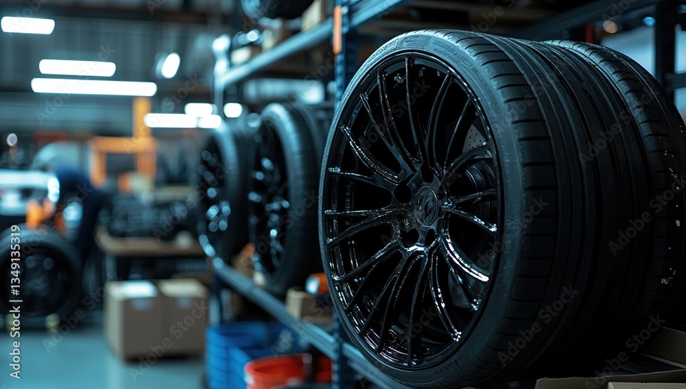 Fototapeta premium Black High Performance Tires and Wheels on Shelf in a Garage