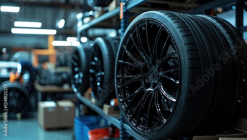 Wallpaper Mural Black High Performance Tires and Wheels on Shelf in a Garage Torontodigital.ca