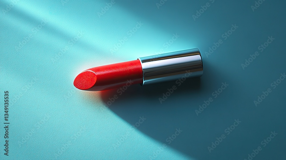 Red lipstick casts a shadow on blue, representing beauty and makeup.